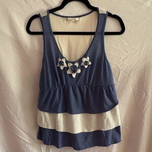 Ruby Rose Blue White Colorblock Mesh V-Neck Sleeveless Tank Top L 10085